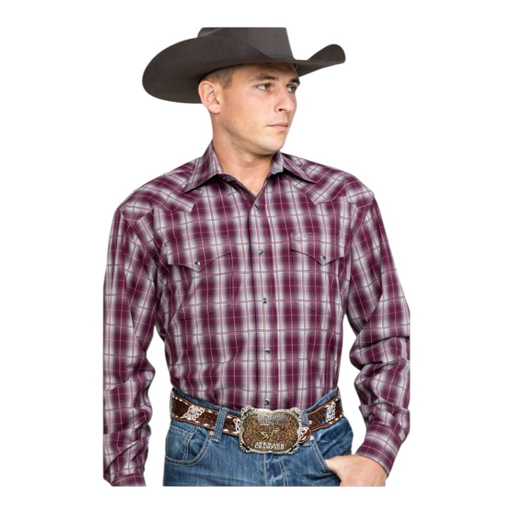 STETSON | MEN'S CEDAR OMBRE PLAID LONG SLEEVE WESTERN SHIRT